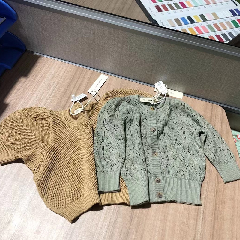 Cardigan 8071 Children Clothes Girl Cardigan Summer Color Jacquard Air Conditioning Coat Children Knitted Cardigan Baby Hollow Out Top 230919