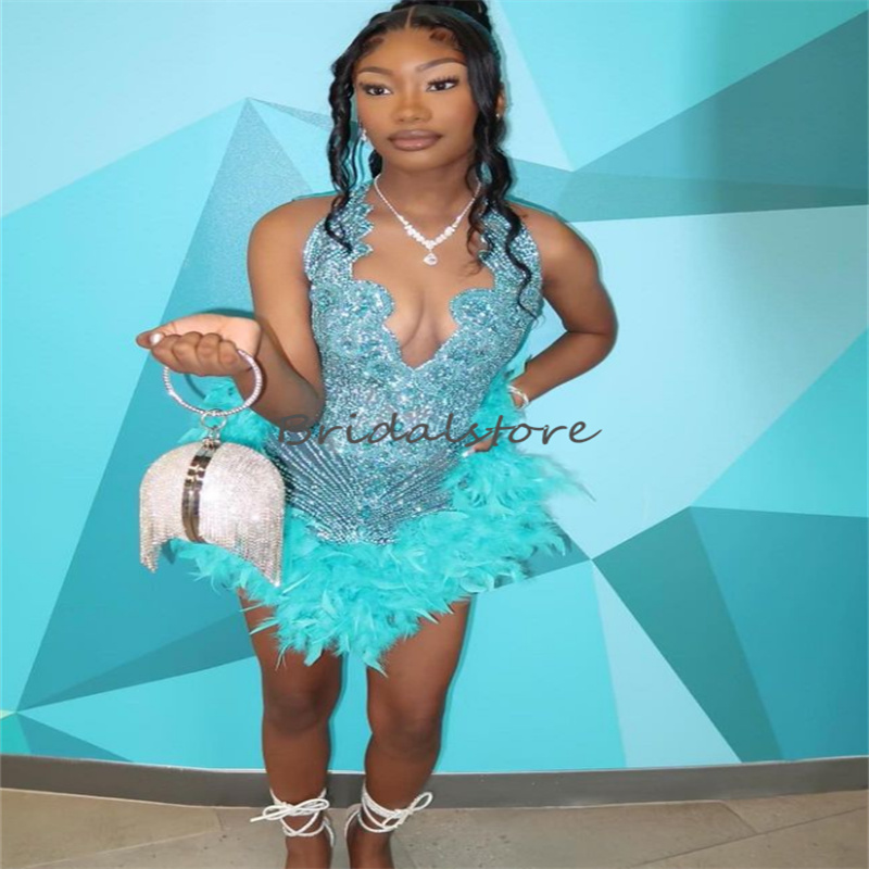 Sexy Blue Beaded Feather Prom Dress 2023 V Neck Sheath Short Cocktail Evening Dress Elegant Women Birthday Homecoming Graduation Vestidos De Noche Rob