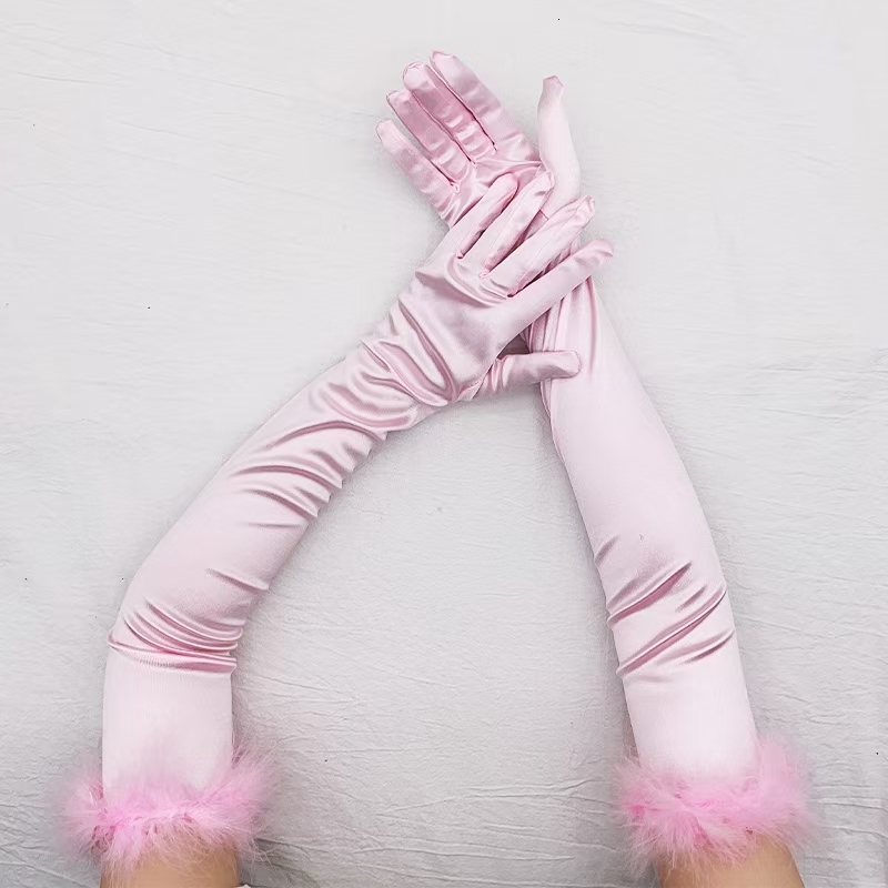 Five Fingers Gloves Sexy 53cm Elastic Full Finger Long Silk Satin Dance Party Cuff Feather Halloween Makeup Opera Stage Women s Mittens 230919