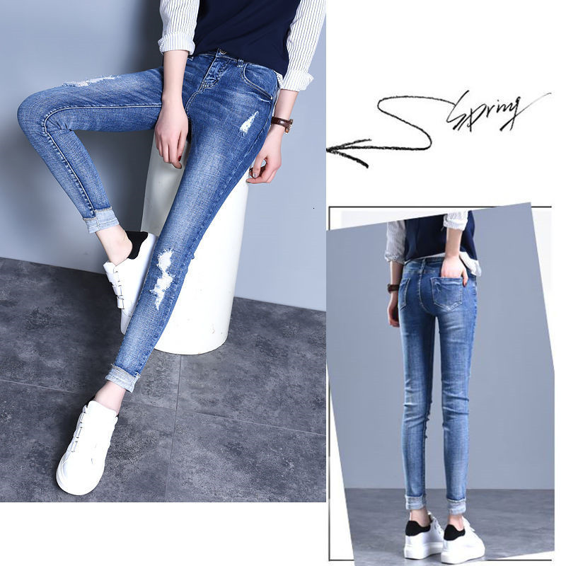 Women's Jeans Trendy Ripped Pencil Jean Casual Slim Mid Waist Vaqueros Spring Summer Streetwear Denim Pants Wash Blue Skinny s 230918