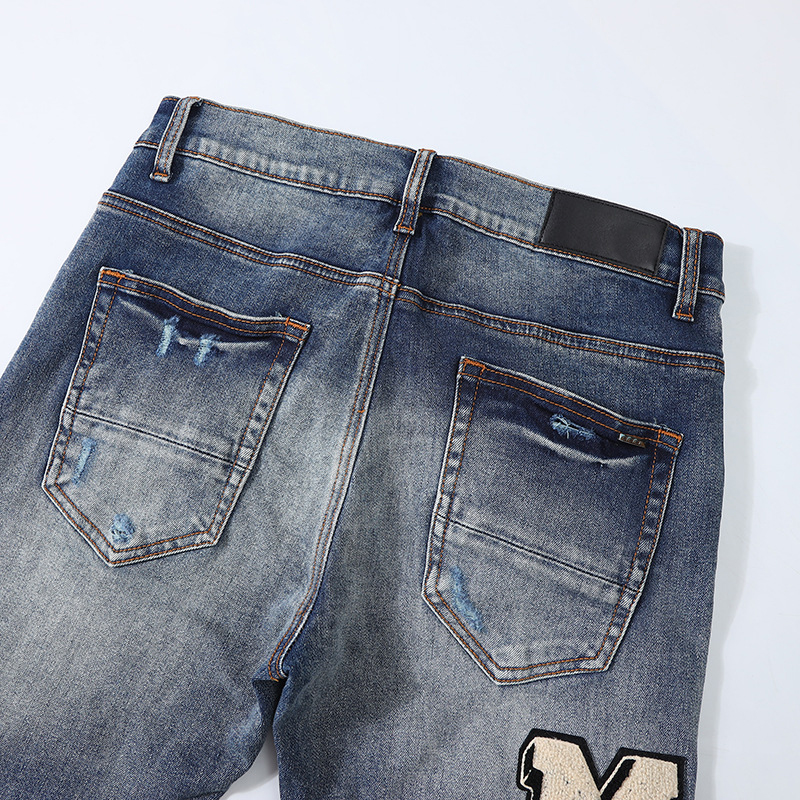Men's Jeans High Street Jeans Men Broken Hole Patch Letter Embroidery Slim Fit Denim Pants