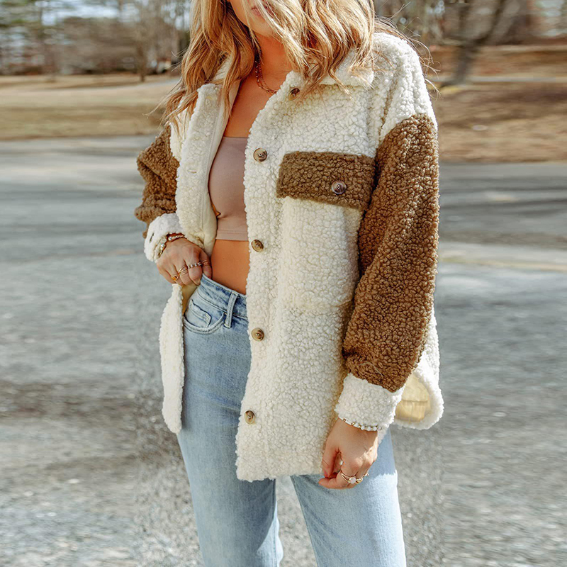 Women's Wool Blends Women Warm Plush Jacket Autumn Winter Casual Patchwork Button Long Sleeve Outwear Ladies Turndown Collar Sweatshirt Coat Clot