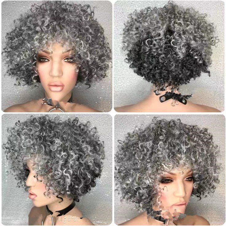 Grey Frontal wiigs Human Hair for Black Women fashion short pixie curls bob hairstyle Kinky Curly machine made none lace Glueless salt&pepper Gray wig