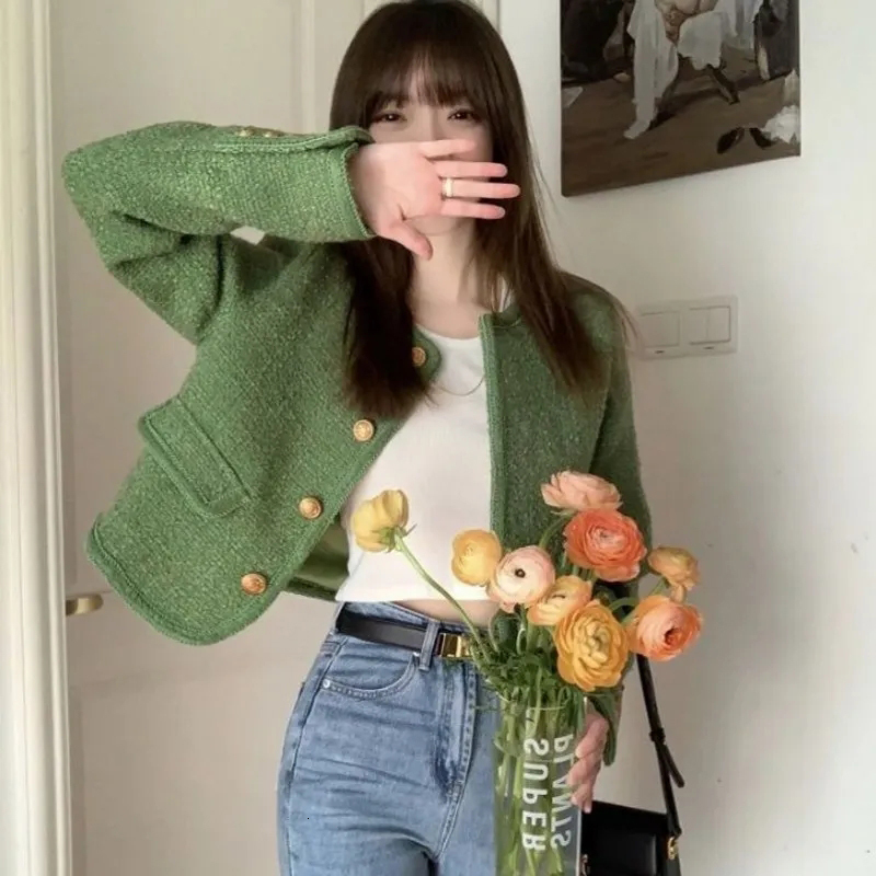 Women's Jackets MEXZT Vintage Short Tweed Jackets Women Korean Elegant Crop Blazer Coat Autumn Winter Single Breasted Casual Outerwear Tops 23091