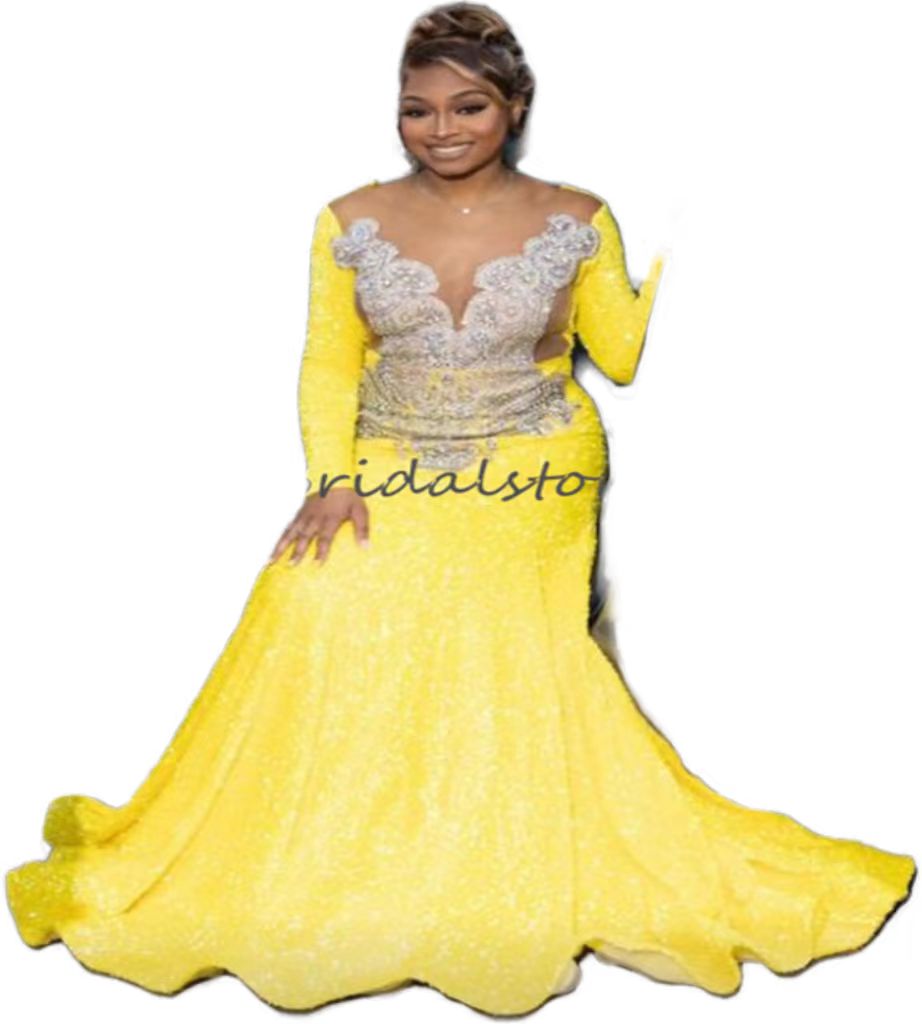 Luxury Yellow Mermaid Prom Dress With Beaded Crystal Long Sleeve Black Girls Evening Dress 2023 Plus Size Birthday Party Gowns Vestidos De Noche Robes