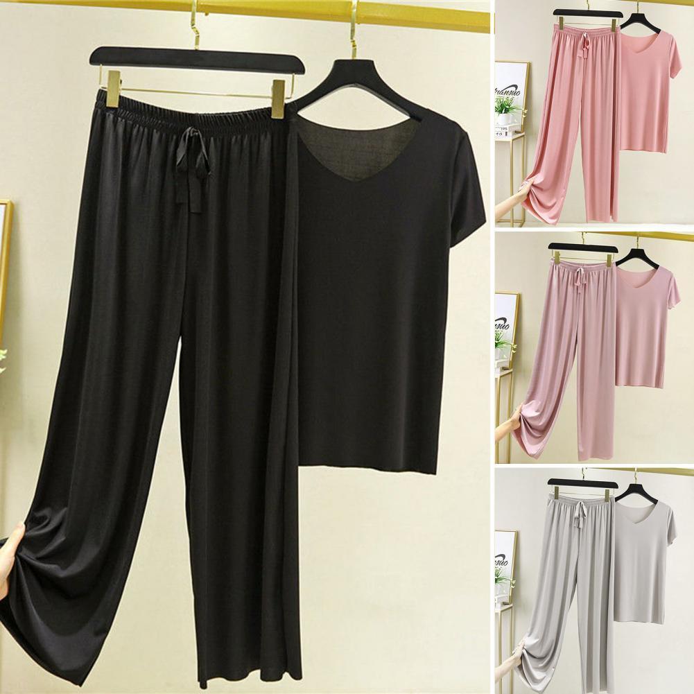 Women's Tracksuits Casual Tracksuit Women Solid Color Short Sleeve Loose Pajama Shirts Elastic Waist Wide Leg Pants Home Wear Female 230919