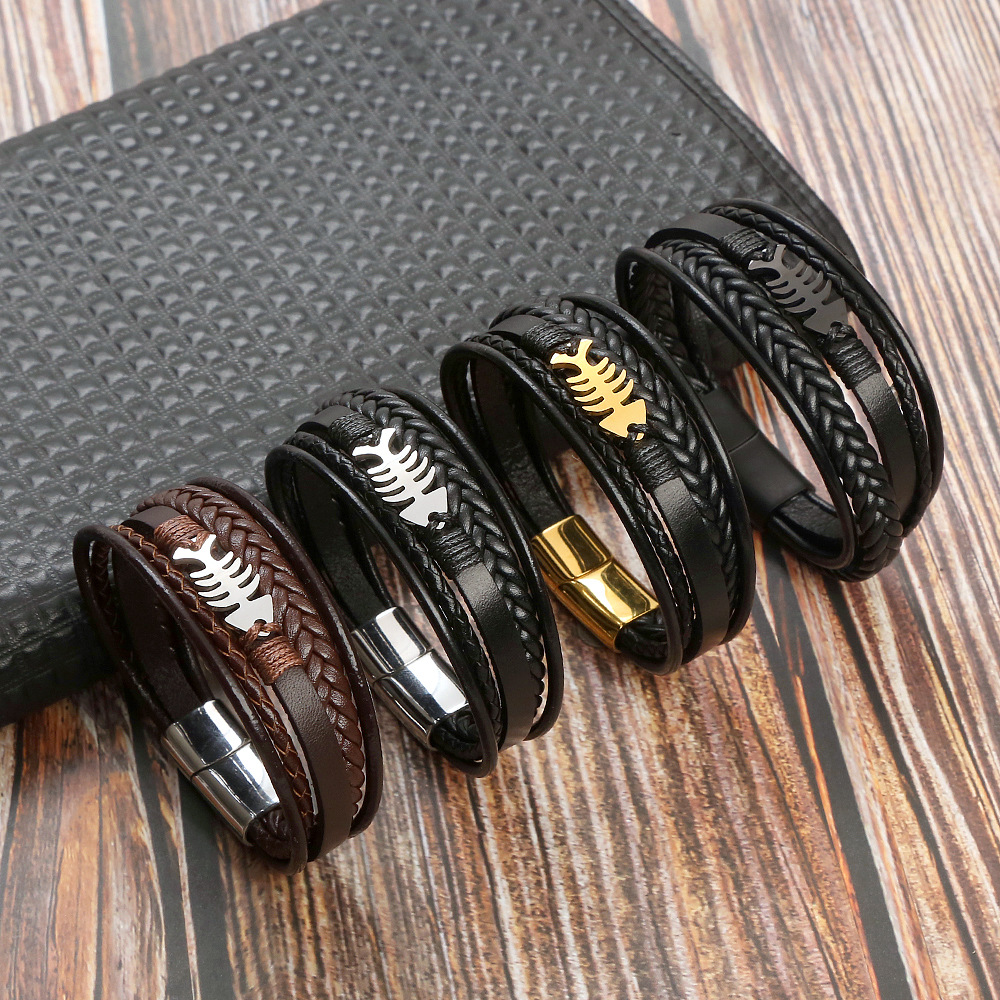 Popular Men Style Multi Layered Leather Fish Charm Bracelet Stainless Steel Buckle Bangle for Gift