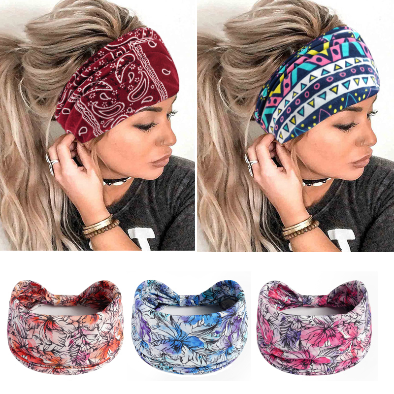 Other 2023 Boho Flower Print Wide Headbands Vintage Knot Elastic Turban Headwrap for Women Girls Cotton Soft Bandana Hair Accessories 230919