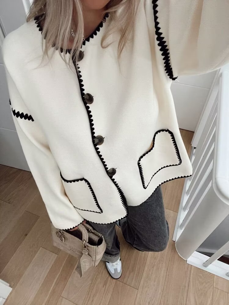 Women's Jackets TRAF White Tweed Jacket Women Contrast Coats Long Sleeve Casual Jackets for Women Autumn Streetwear Basic Jacket Woman 230919