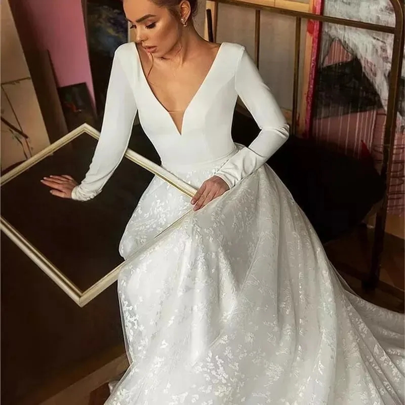 Wedding Boho Dress Mariee Vestido Novia Satin Lace Bridal Gowns Longue Long Sleeves Robe De Soiree Simple Bride To Be