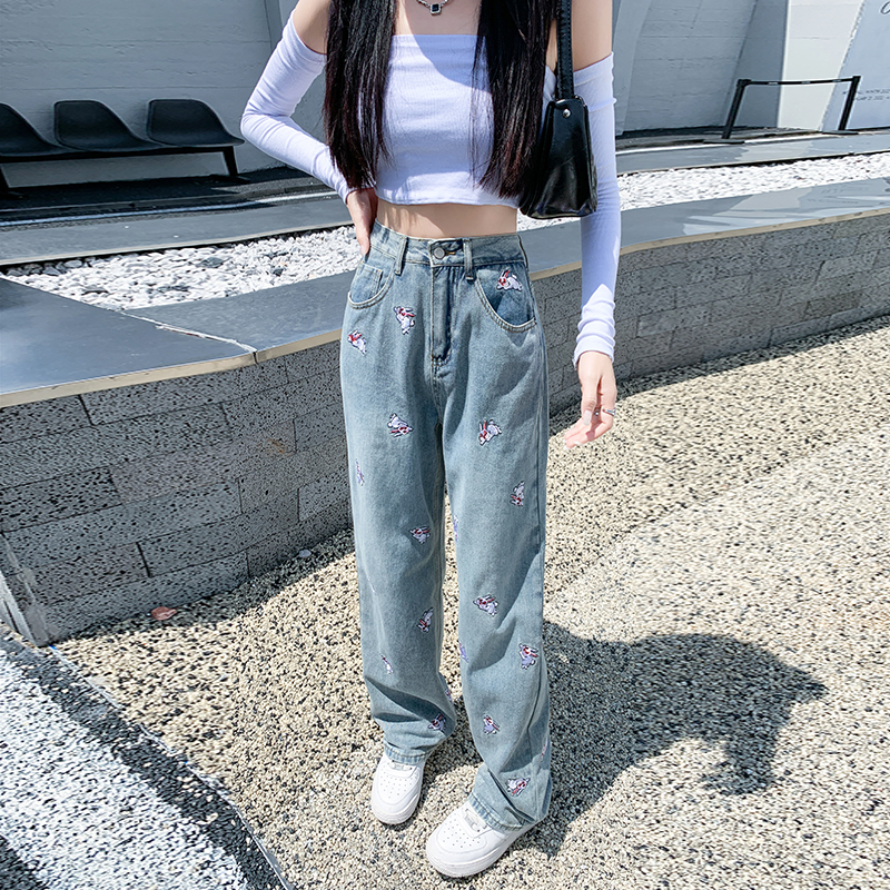 Women's Jean's Cartoon Rabbit Embroidery Blue Jeans Street Style Casual Denim Pants Female High Waist Straight Wide Legs Trousers 230918
