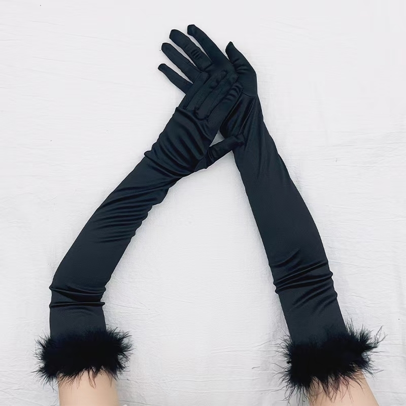 Five Fingers Gloves Sexy 53cm Elastic Full Finger Long Silk Satin Dance Party Cuff Feather Halloween Makeup Opera Stage Women s Mittens 230919