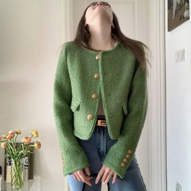 Women's Jackets MEXZT Vintage Short Tweed Jackets Women Korean Elegant Crop Blazer Coat Autumn Winter Single Breasted Casual Outerwear Tops 23091