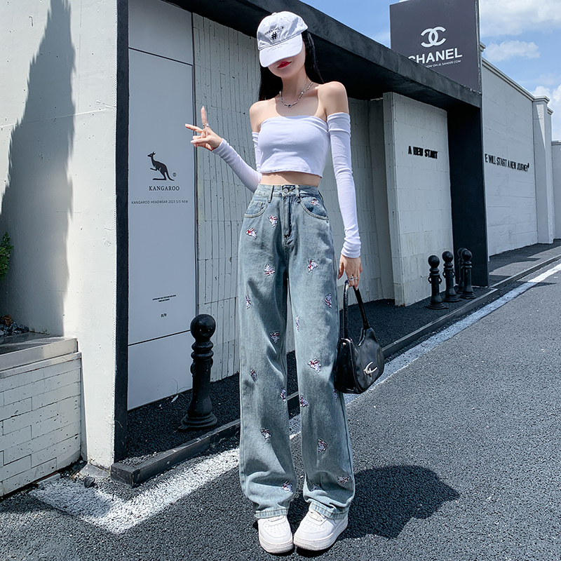Women's Jean's Cartoon Rabbit Embroidery Blue Jeans Street Style Casual Denim Pants Female High Waist Straight Wide Legs Trousers 230918