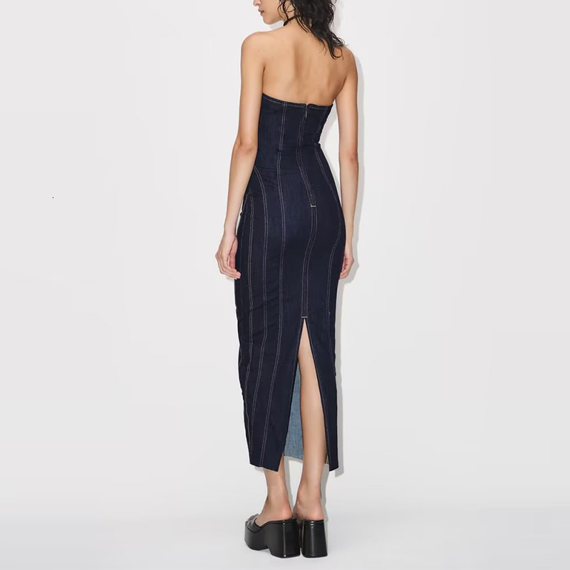 Basic Casual Dresses TRAF 2023 Women Tube Top Elastic Tight Dress Summer Backless Sexy Evening Denim Midi Party 230919