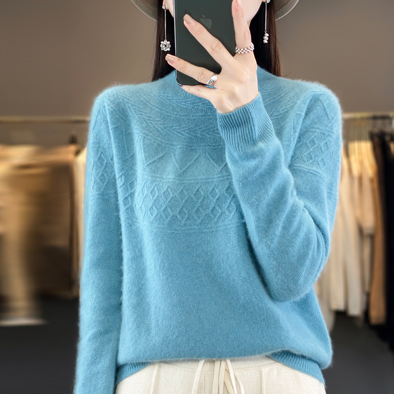 Women's Sweaters 100 Wool Cashmere Sweater Half High Collar Pullover Casual Knitted Top Winter Jacket Korean Fashion 230918