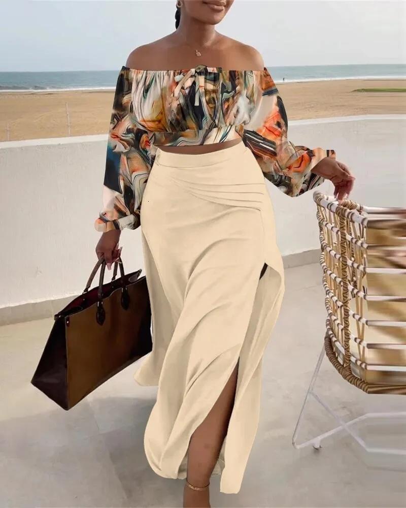Two Piece Dress Autumn Elegant Two Piece Set Women Fashion Beach Style Print Slash Neck Top Split Skirt Two Piece Set Women 230918