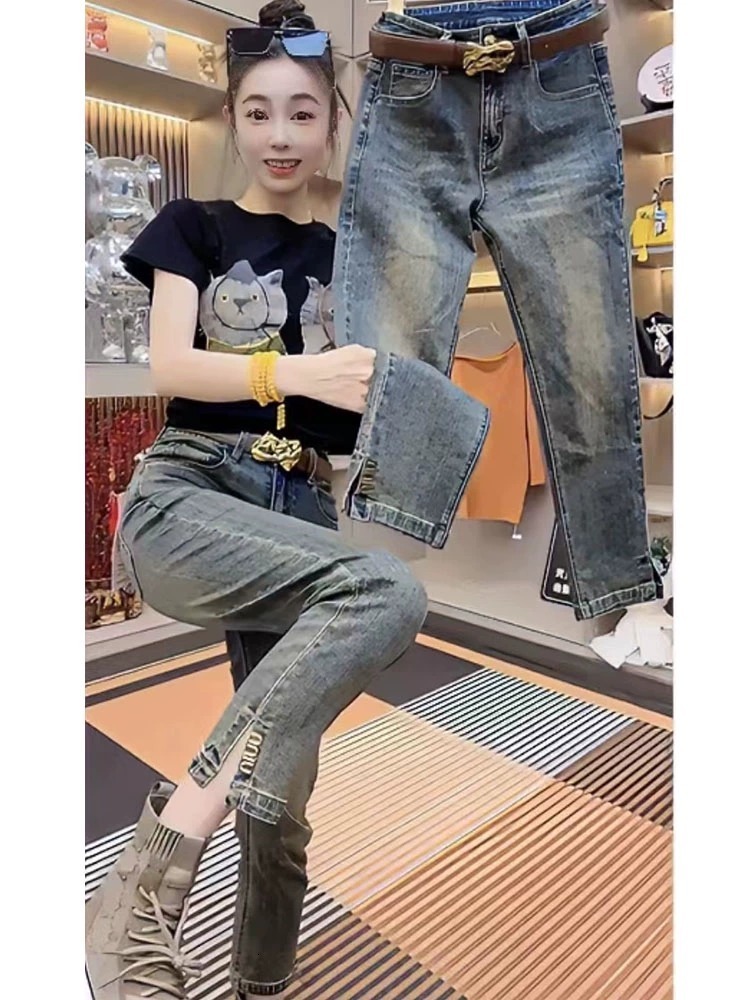 Women's Jeans Y2k Metallic Lettering Embellished Skinny Jean's 2023 High Waisted Stretch Made Old Small Straight Pants 230918