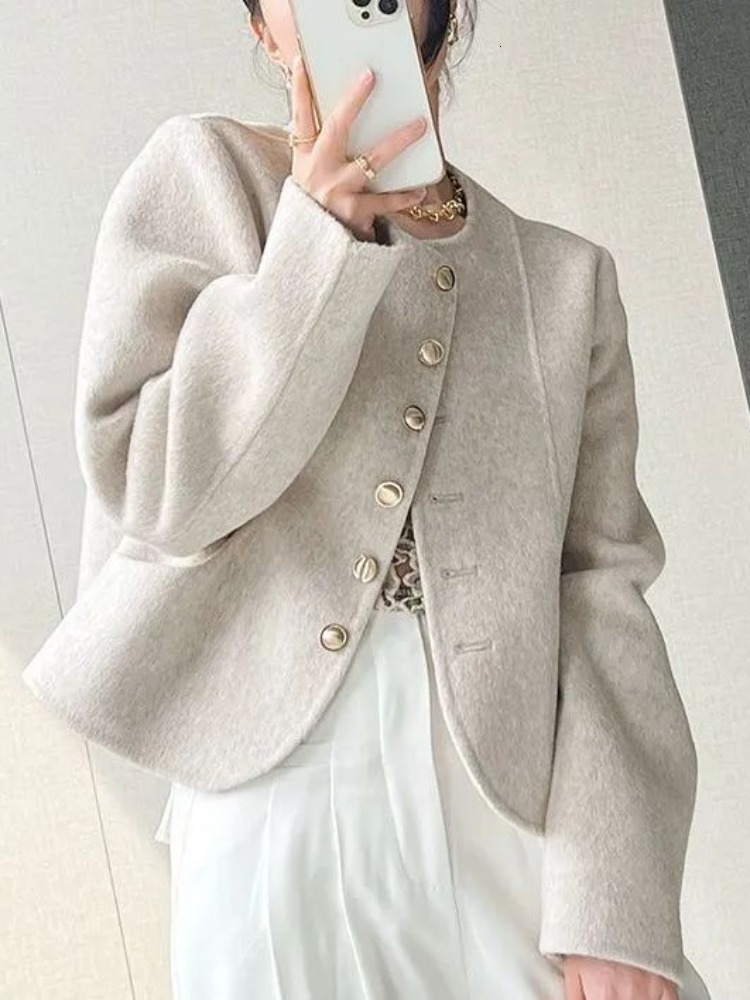 Women's Jackets Wool Jacket Round Neck Single Breasted Blends Coats Solid Loose Thickening Fashion Winter for Women 230919