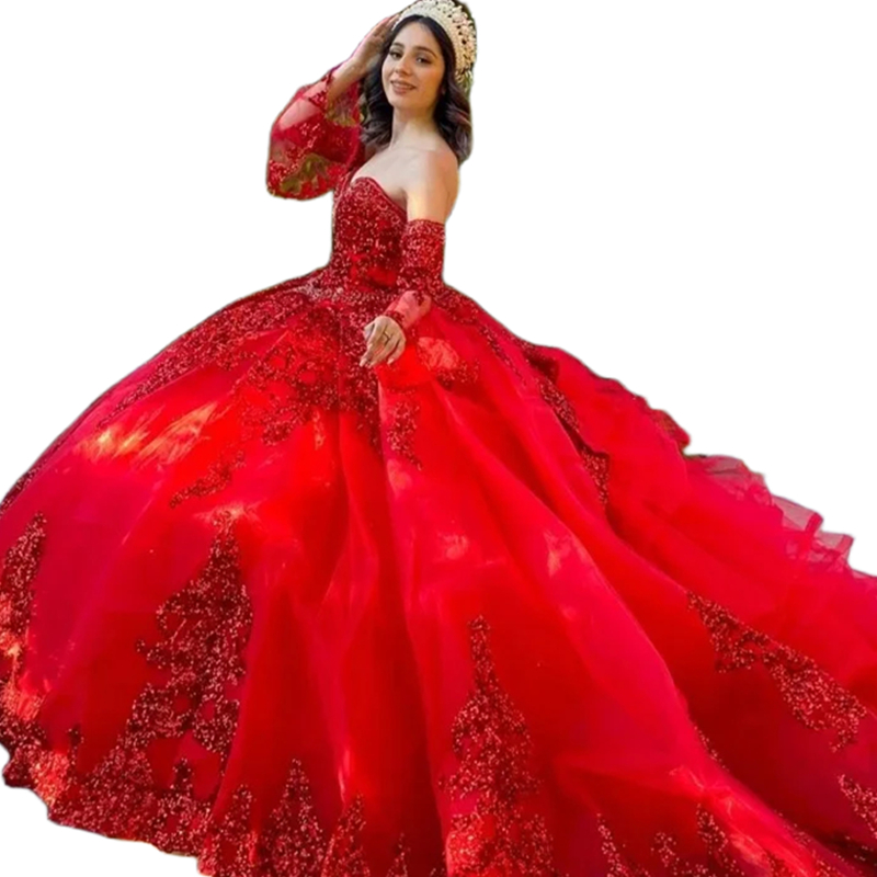 2023 Princess Red Quinceanera Dresses With Removeable Sleeves Sequins Beaded Sweetheart Sweet 16 Girls Celebrity Party Dress Luxury Prom Gown Robe De 