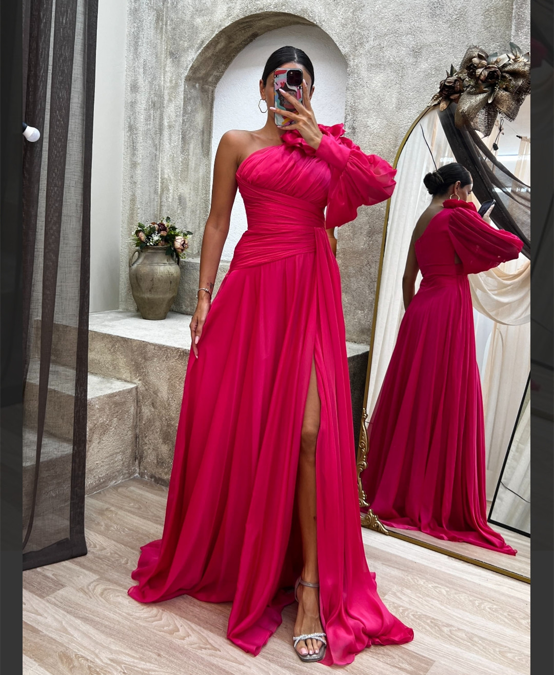 Elegant A-Line Long Sleeve One Shoulder Chiffon Evening Dresses with Flower A-Line Yellow Robe De Soiree Floor Length Zipper Back Formal Party Gowns f