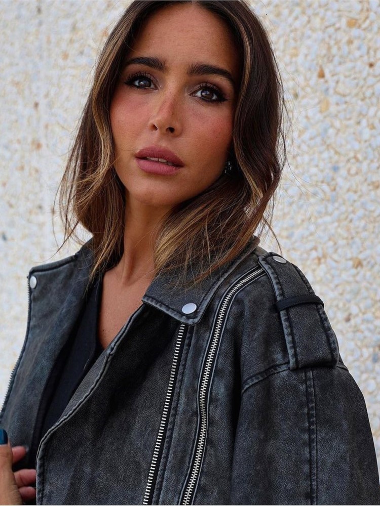 Women's Faux Leather Cropped Zip Bomber Jacket Long Sleeve Lapel Warm Streetwear Coats