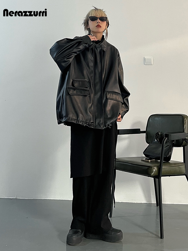 Black Faux Leather Jacket For Women - Oversized & Casual Spring/Autumn Zip-Up