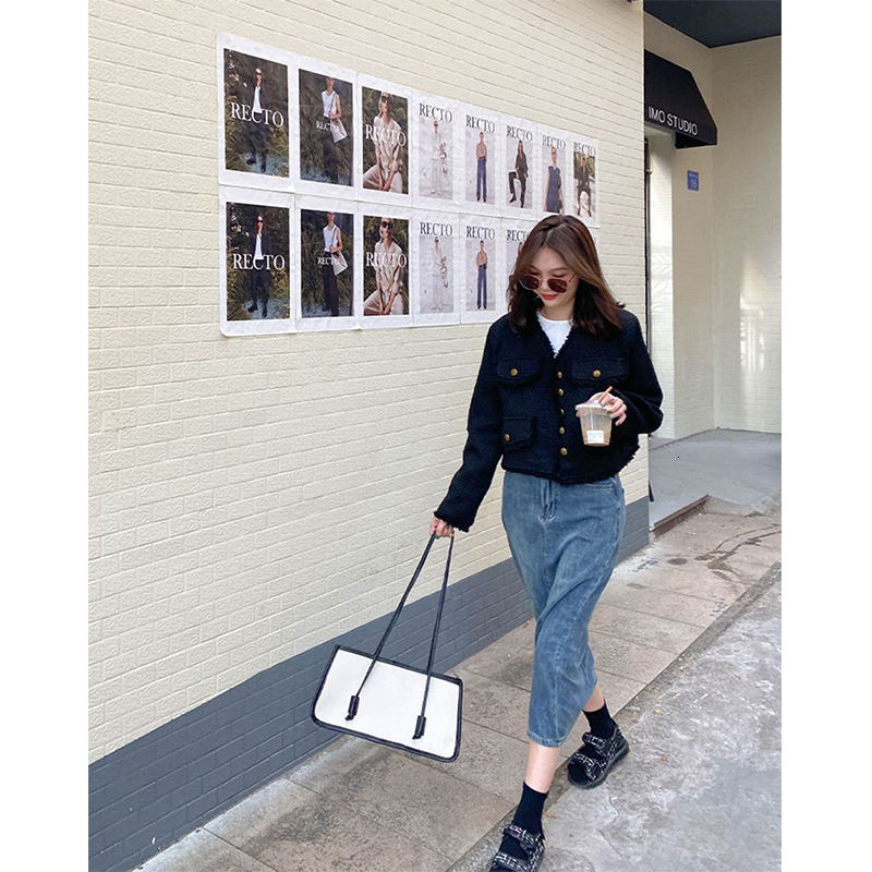 Women's Wool Blends Black Cropped Tweed Jackets Women Vintage Tassel Basic Short Coats Korean Elegant Single-Breasted Casual Outerwear Spring Aut