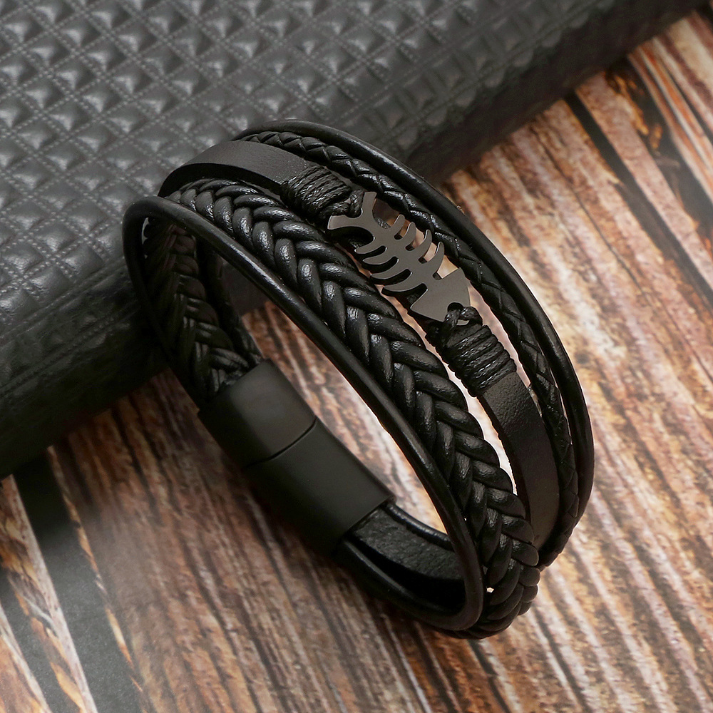 Popular Men Style Multi Layered Leather Fish Charm Bracelet Stainless Steel Buckle Bangle for Gift