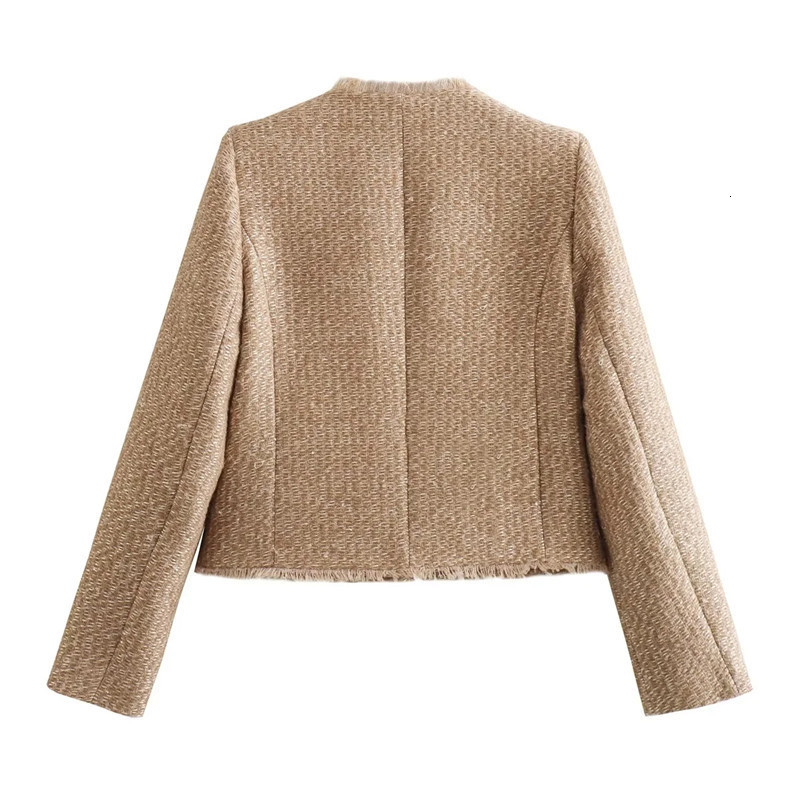 Women's Jackets TRAF Camel Tweed Jacket Women Frayed Autumn Cropped Jacket Woman Fashion Long Sleeve Elegant Womens Jackets Button Short Coats 23