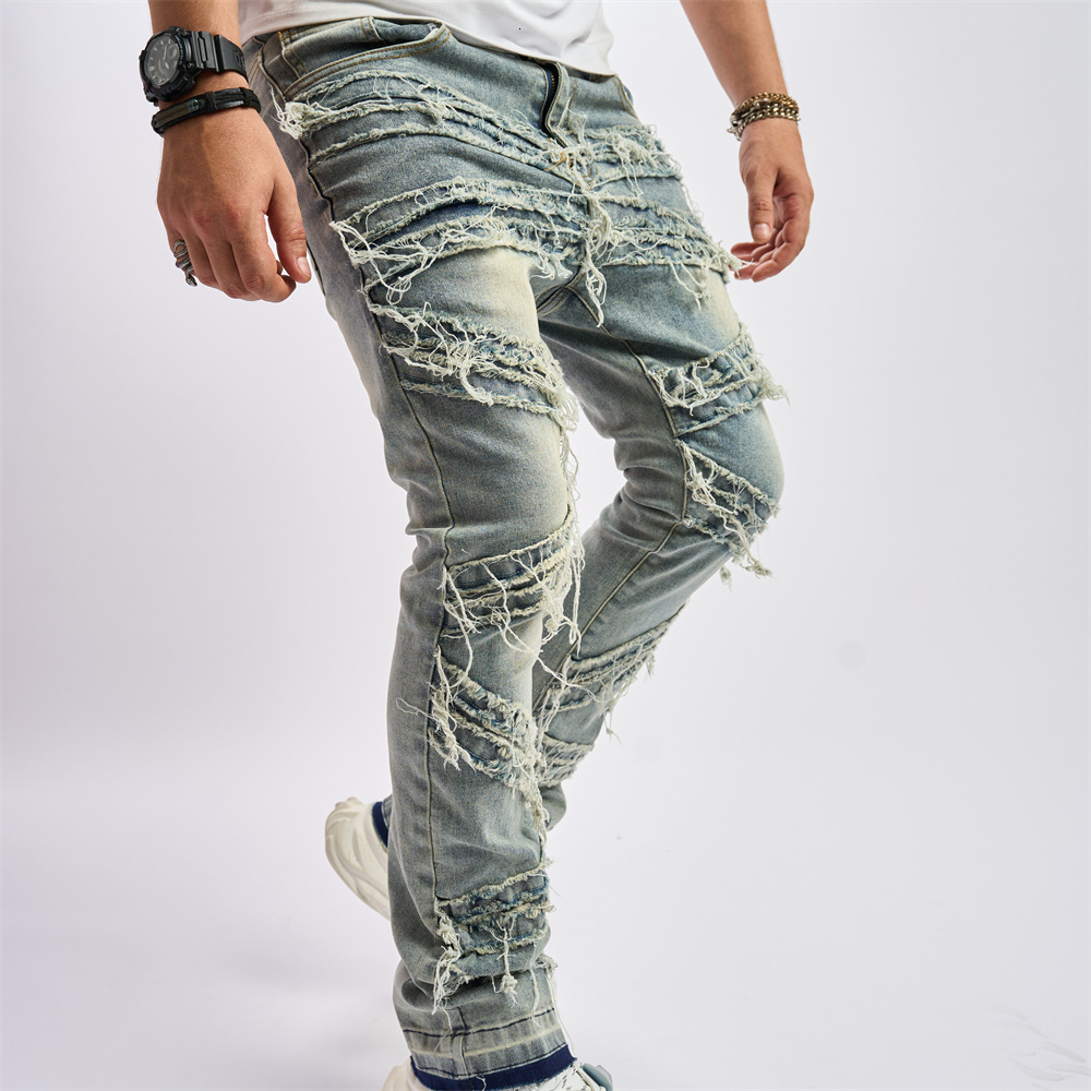 Men s Jeans Men Vintage Stylish Loose Ripped Patch Pants Streetwear Male Solid Casual Straight Denim Trousers 230919