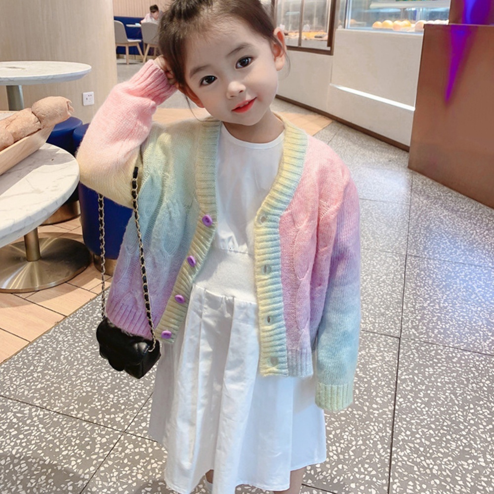 Cardigan Rainbow Knitted Cardigan Sweater Kids Girl Autumn Winter Sweet Kawaii Sweater Coat Children Girl Korean Button Down Cardigan 230919