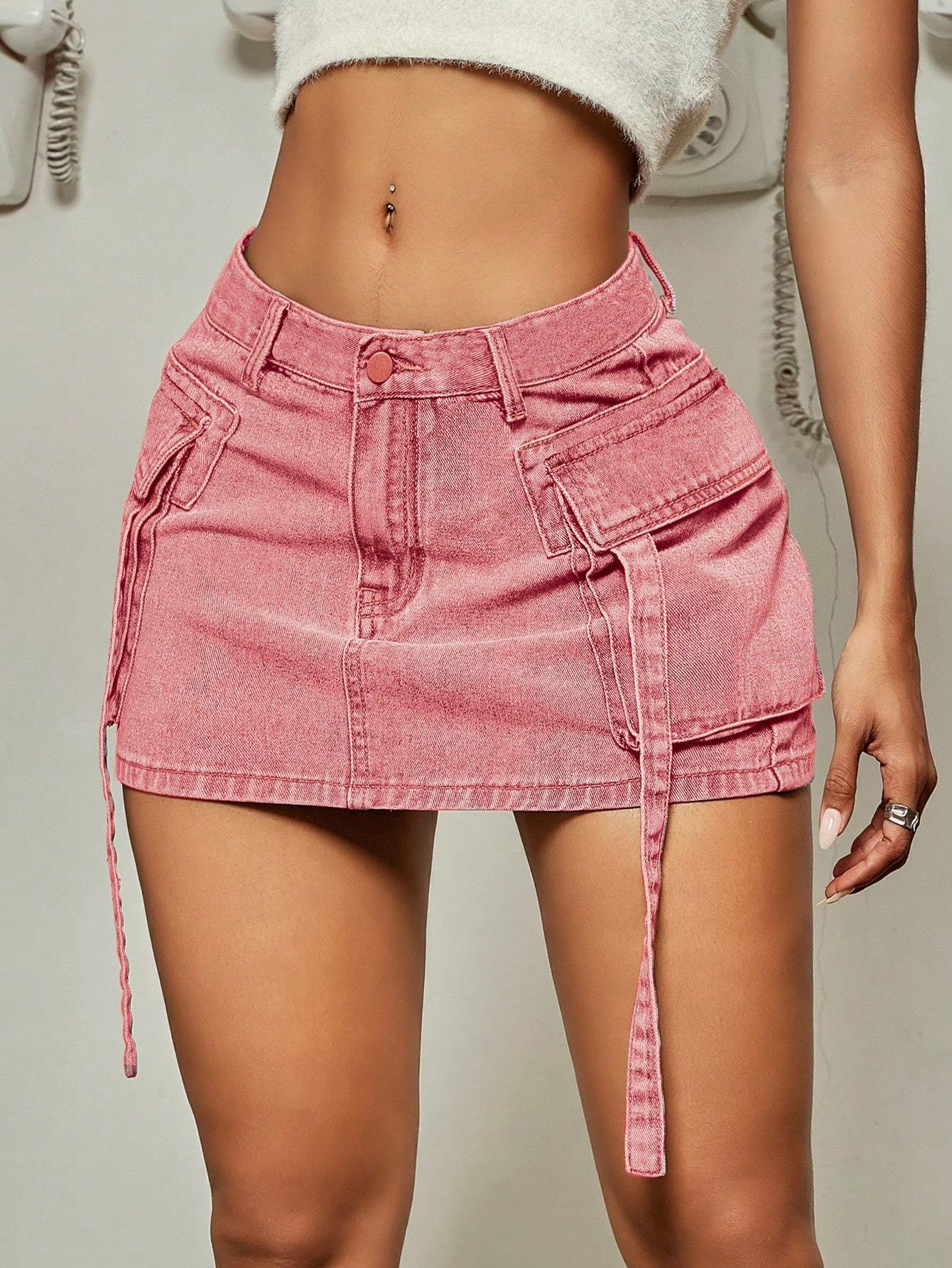 Skirts 2023 Trendy Street Tooling Style Flap Pocket Ribbon Details Slim Workwear Denim Mini Skirt High Clothing 230919