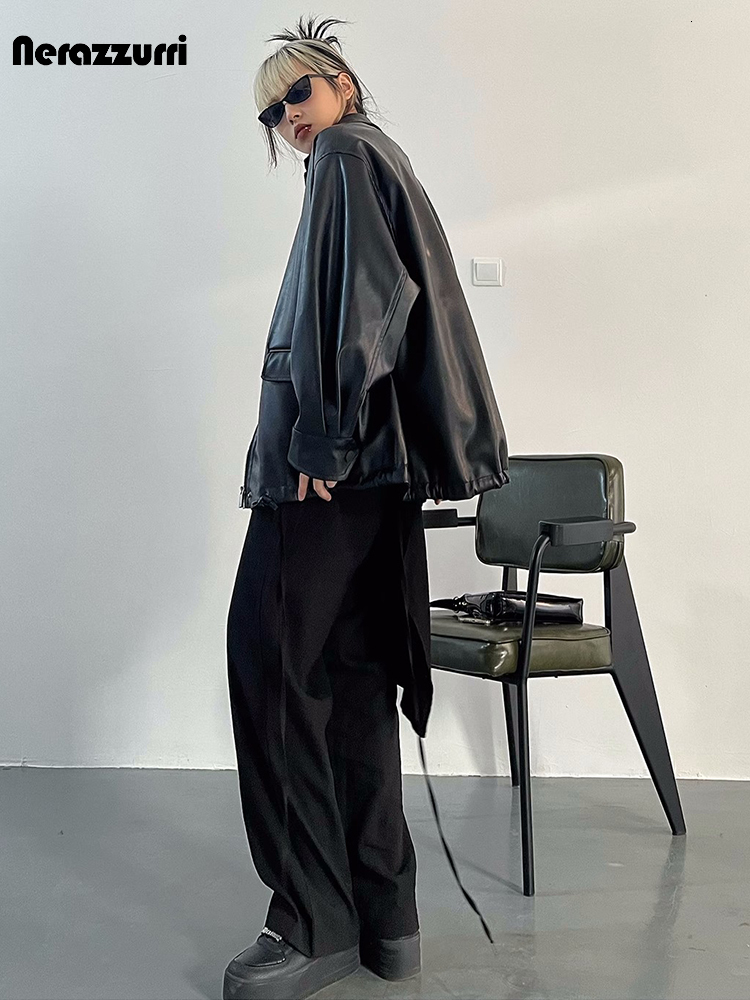 Black Faux Leather Jacket For Women - Oversized & Casual Spring/Autumn Zip-Up