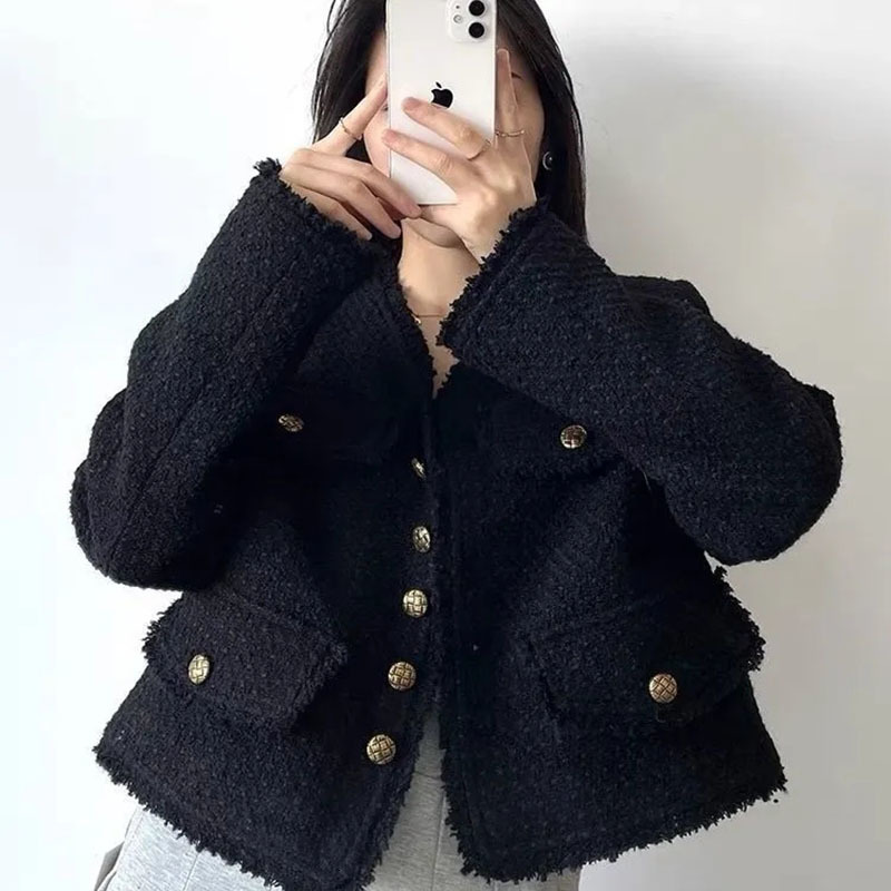 Women's Wool Blends Elegant Korean Black Plaid Tweed Jacket Women Fall Fashion Fringe Single Breasted V Neck Crop Coat All Match Office Lady Outw