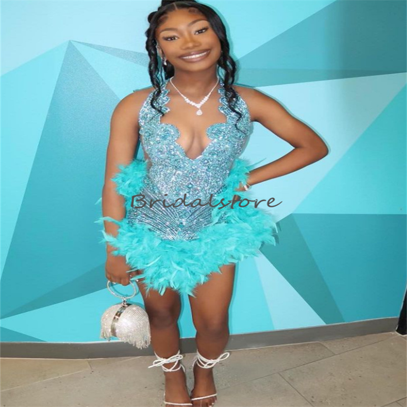 Sexy Blue Beaded Feather Prom Dress 2023 V Neck Sheath Short Cocktail Evening Dress Elegant Women Birthday Homecoming Graduation Vestidos De Noche Rob