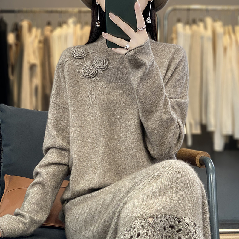 Women's Sweaters 100 Woolen Woman's Autumn Winter Style Embroidery Jumper Female Pullover Long Sleeve Small Turtleneck Knitted Tops 230918