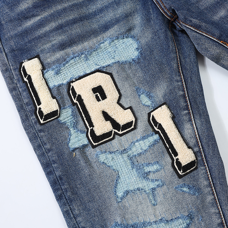 Men's Jeans High Street Jeans Men Broken Hole Patch Letter Embroidery Slim Fit Denim Pants