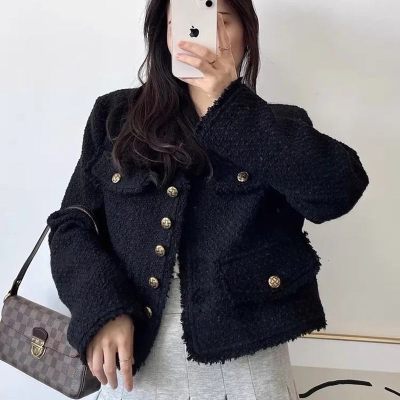 Women's Jackets GIDYQ Korean Fashion Cropped Tweed Jacket Women Autumn Winter Black Long Sleeved Tassel Coats Elegant All Match Outerwear 230919