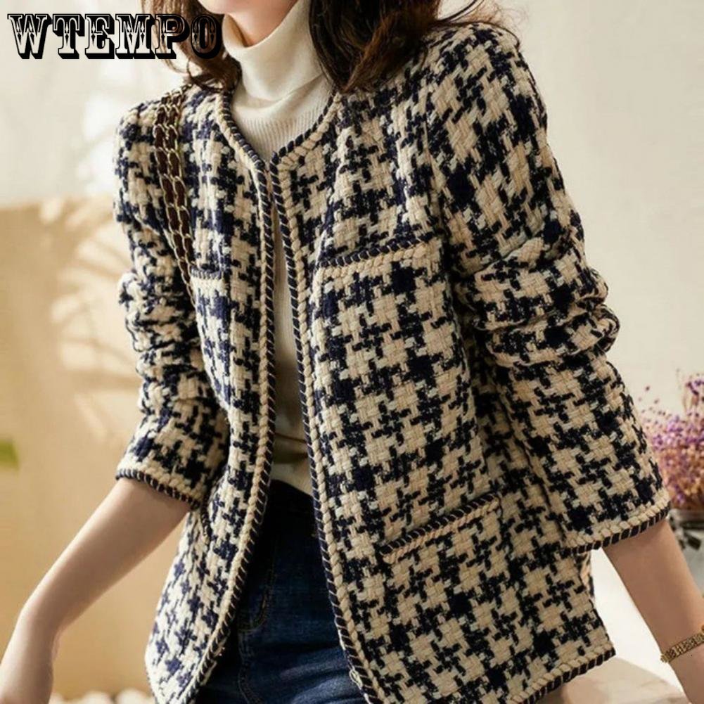 Women's Jackets WTEMPO Vintage Early Autumn Tweed Women Jacket Elegant Grid Lady Winter Cardigan Open Front Plaid Outwear 230919