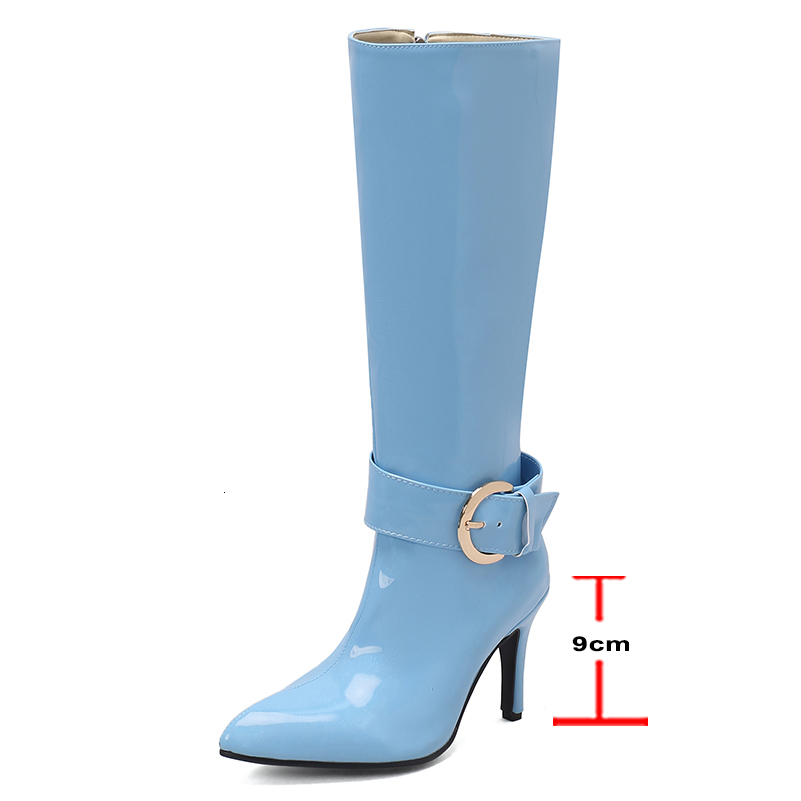 Boots ANNYMOLI Women Patent Leather Knee High Long Pointed Toe Stilettos Buckle Zipper Metallic Boot Lady Shoes Autumn Winter 230915