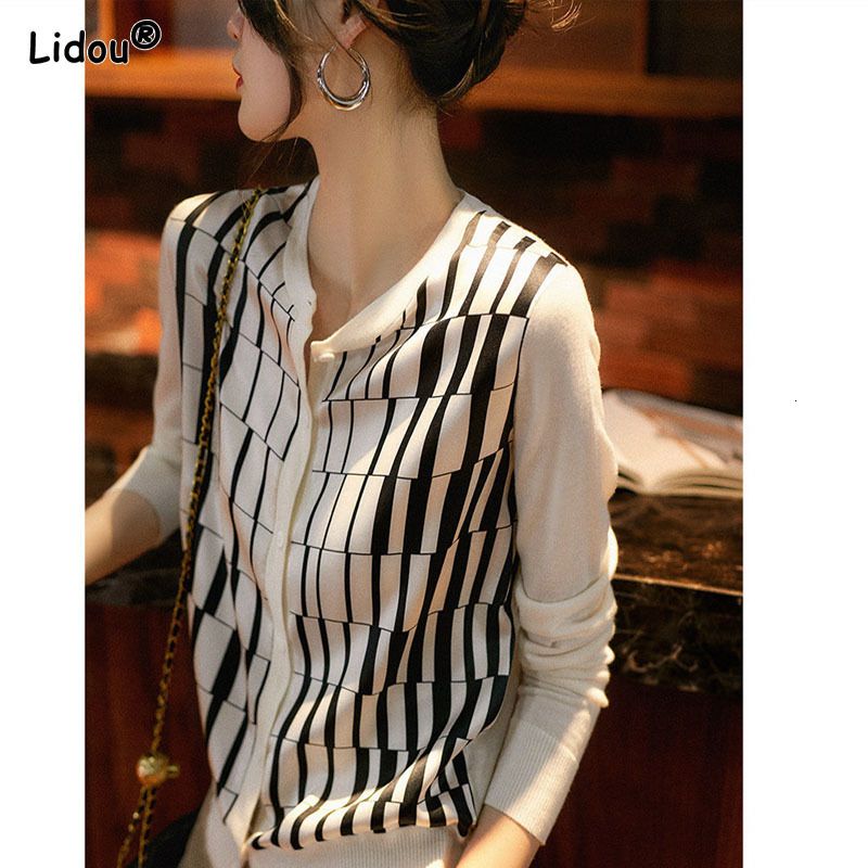 Women's Knits Tees s Black White Lattice ONeck Spliced Cardigan Ice Silk Knitting Single Breasted Clothing Office Lady Plaid Slim 230918
