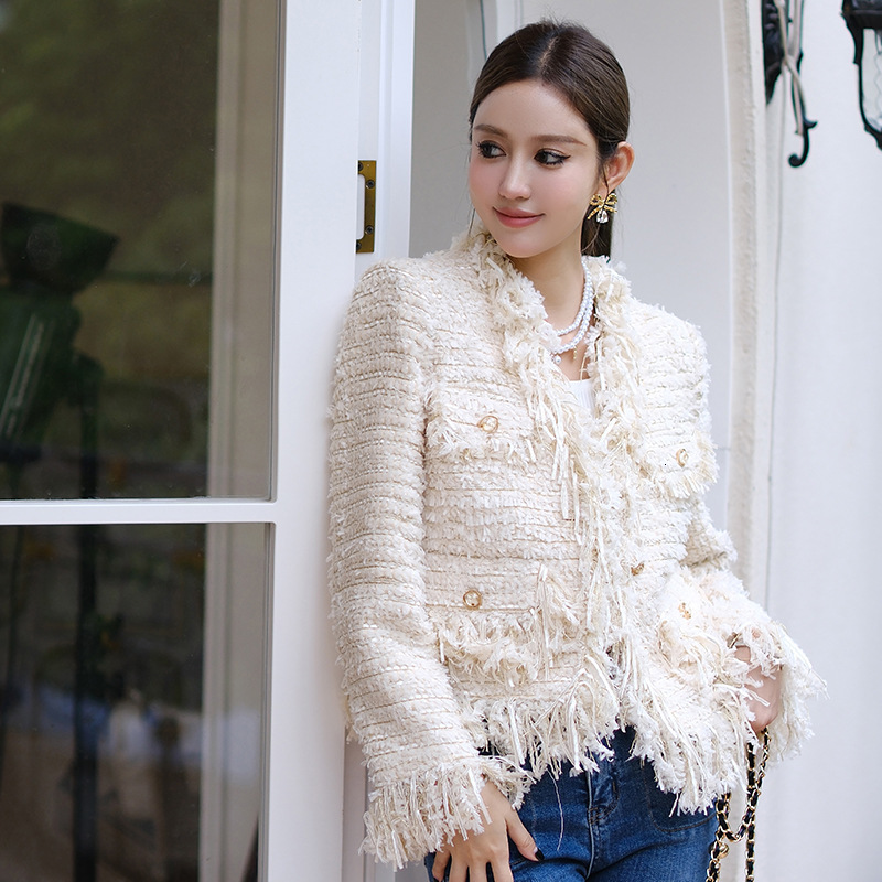 Women's Jackets Korean Fashion Beige Tweed Jackets Women Elegant Tassel Blend Wool Coat Female Autumn Single Breasted Outwear Office Lady 230919