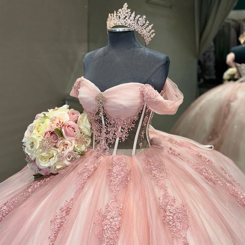 Blush Pink Off-Shoulder Quinceanera Dresses 2024 Boned Lace-Up Corset Glitter Applique Princess Sweet 15 Vestidos Debutante 0212D