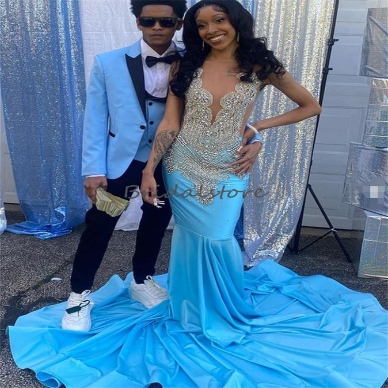 Beautiful Black Girls Blue Prom Dress 2024 Beaded Crystal Mermaid Evening Gowns Zipper Formal Occasion Dinner Party Gowns Women Vestidos De Noche Robe