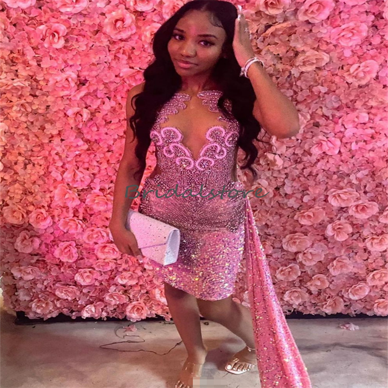 Pink Sequin Short Prom Dress With Train Luxury Black Girls Evening Dress Beaded Crystal Cocktail Birthday Party Wear Formal 2024 Chic Women Graduation