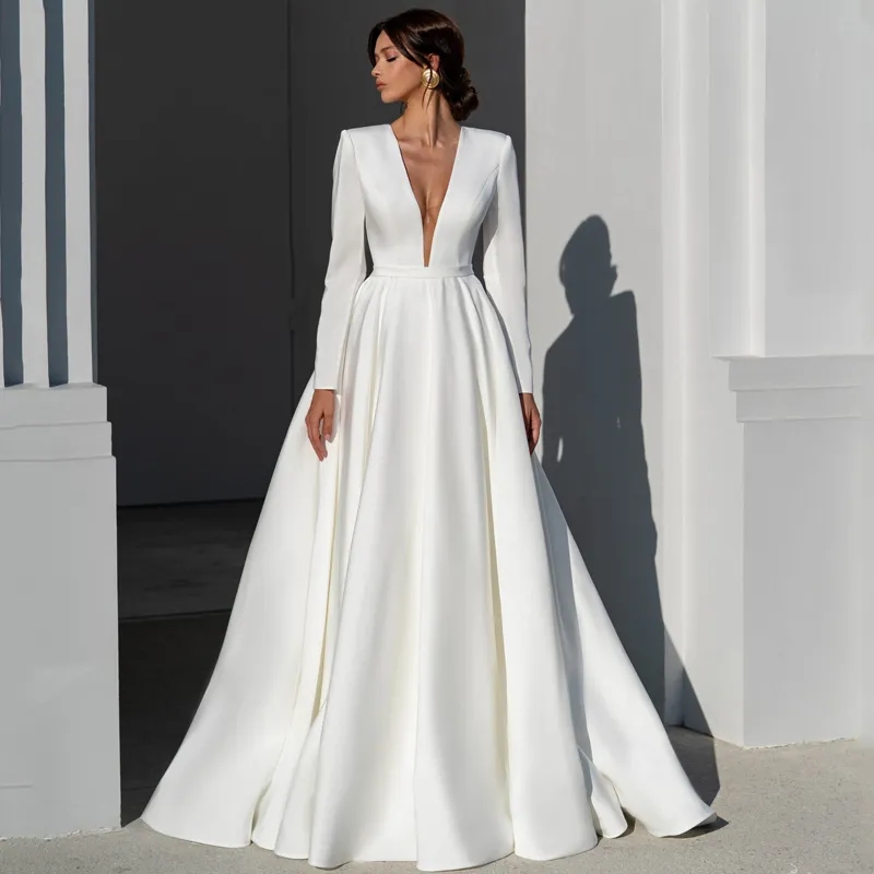 Simple Satin A Line Wedding Dresses for Brides Full Sleeve V Neck Bridal Gowns Sexy Vestidos De Novia Long Boho Beach Formal Dress Plus Size