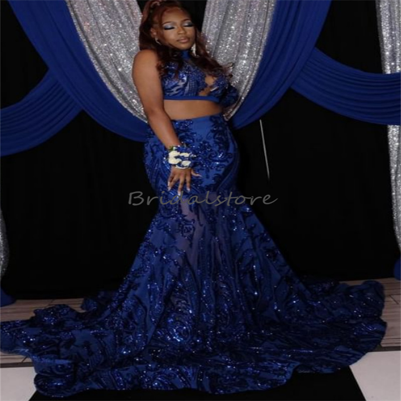 Shiny Blue Sequin Two Pieces Prom Dress 2023 One Shoulder Long Sleeve Mermaid Evening Dress Birthday Occasion Formal Dance Wear Vestidos De Noche Robe