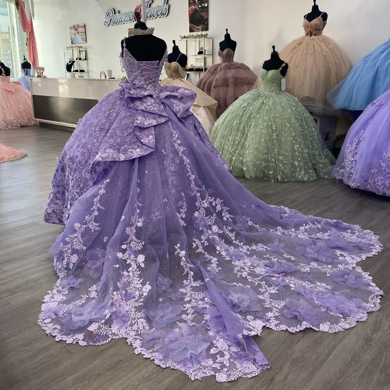 2025 Lavender Spaghetti Strap Quinceanera Dree Bead Sequin Bow Applique Lace Graduation Ball Gown Tulle Elegent Prince Sweet 16 Dre Vetido De 15