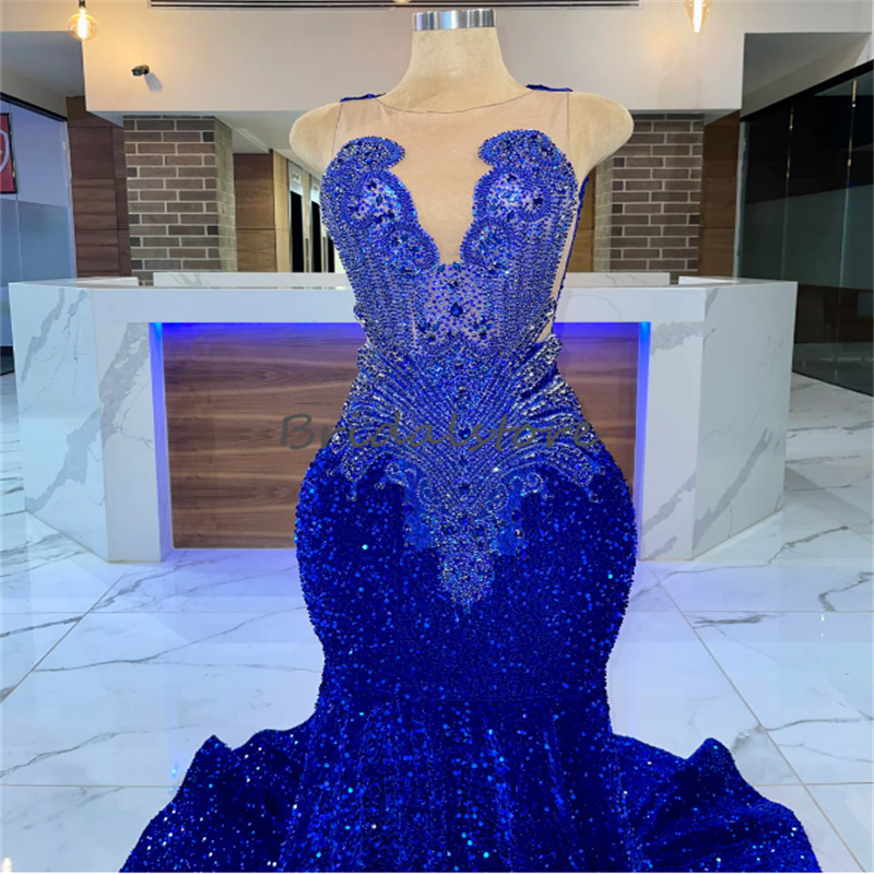 Luxury Blue Sequin Crystal Prom Dress For Black Girls 2023 Mermaid Plus Size South African Party Dress Elegant Formal Evening Birthday Pageant Gowns V